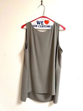 Eileen Fisher Olive Grey Boat Neck Silk Crepe Layered High Low Tank Blouse M